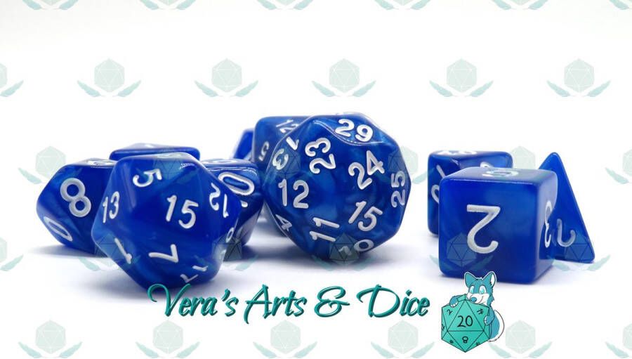 Vera's Arts & Dice 10 Piece Ocean Blue Polyset Dice Plus Dobbelstenen Set Van 10 Stuks (extra D10 D24 D30) Parelmoer Blauw met Witte Cijfers Polydice D&D Rollenspellen Dobbelstenen Dungeons and Dragons Zwarte Velvet Dice Bag