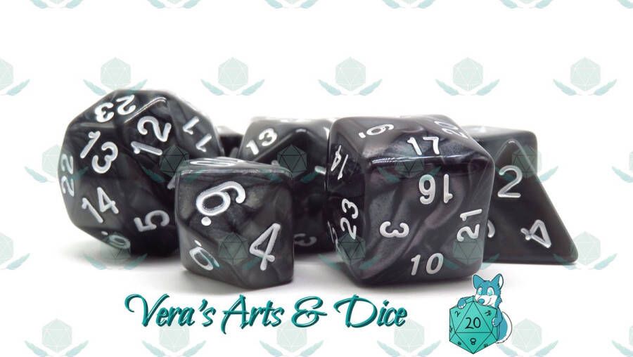 Vera's Arts & Dice 10 Piece Onyx Polyset Dice Plus Dobbelstenen Set Van 10 Stuks (extra D10 D24 D30) Parelmoer Zwart met Witte Cijfers Polydice D&D Rollenspellen Dobbelstenen Dungeons and Dragons Zwarte Velvet Dice Bag