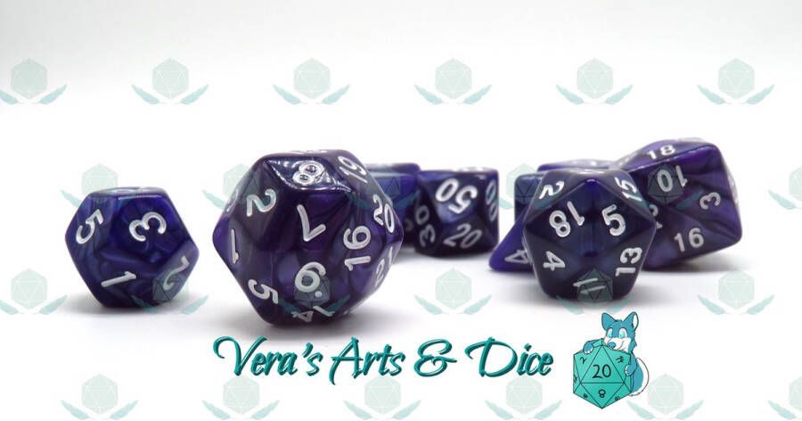 Vera's Arts & Dice 10 Piece Purple Pansies Polyset Dice Plus Dobbelstenen Set Van 10 Stuks (extra D10 D24 D30) Parelmoer Paars met Witte Cijfers Polydice D&D Rollenspellen Dobbelstenen Dungeons and Dragons Zwarte Velvet Dice Bag