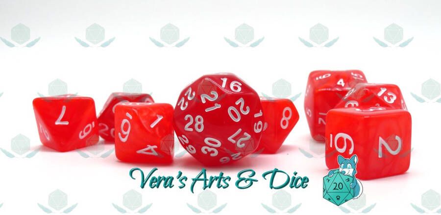 Vera's Arts & Dice 10 Piece Roses Polyset Dice Plus Dobbelstenen Set Van 10 Stuks (extra D10 D24 D30) Parelmoer Rood met Witte Cijfers Polydice D&D Rollenspellen Dobbelstenen Dungeons and Dragons Zwarte Velvet Dice Bag