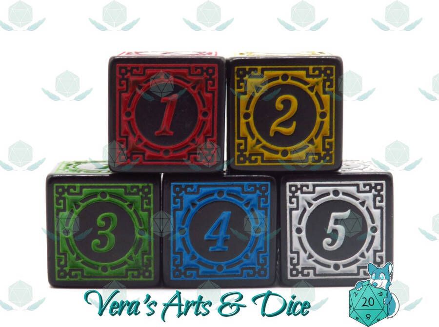 Vera's Arts & Dice 5D6s Ancient Rainbow Polyset Dice Dobbelstenen Set Van 5 Stuks Zwart met Rood Geel Groen Blauw en Wit Ornamenten en Cijfers D&D en Rollenspellen Plastic Dobbelstenen Set voor Dungeons and Dragons Dice Set Zwarte Velvet Dice Bag