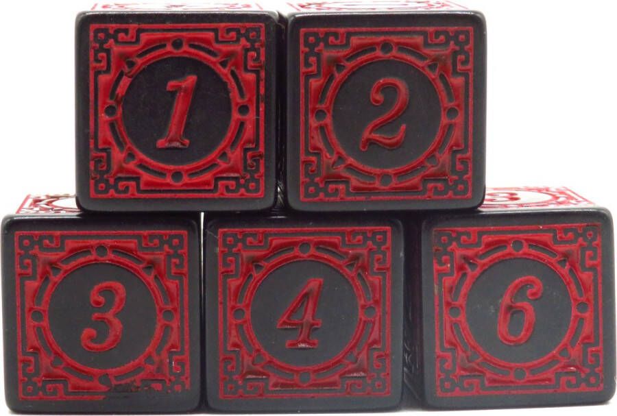 Vera's Arts & Dice 5D6s Ancient Red Polyset Dice Dobbelstenen Set Van 5 Stuks Zwart met Rode Ornamenten en Cijfers D&D en Rollenspellen Plastic Dobbelstenen Set voor Dungeons and Dragons Dice Set Zwarte Velvet Dice Bag