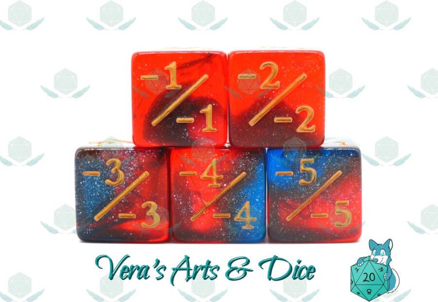 Vera's Arts & Dice 5D6s Counter Dice Light Years Away Dobbelstenen Set Van 5 Stuks Transparant Blauw en Rood met Glitters en met -1 -2 -3 -4 -5 en -6 in Goud D&D en Rollenspellen Plastic Dobbelstenen Set Dungeons and Dragons Zwarte Velvet Dice Bag