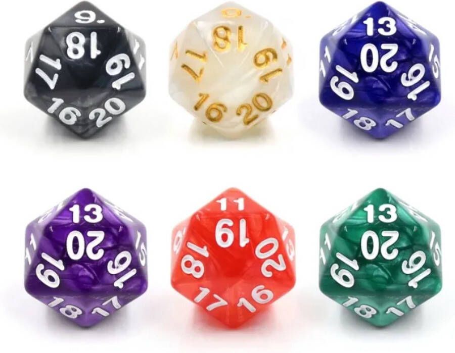 Vera's Arts & Dice 6D20 Countdown Dice Dobbelstenen Set Van 6 Stuks Parelmoer Rood Blauw Groen Paars Zwart met Witte Cijfers en Parelmoer Wit met Gouden Cijfers D&D en Rollenspellen Plastic Dobbelstenen Dungeons and Dragons Zwarte Velvet Dice Bag