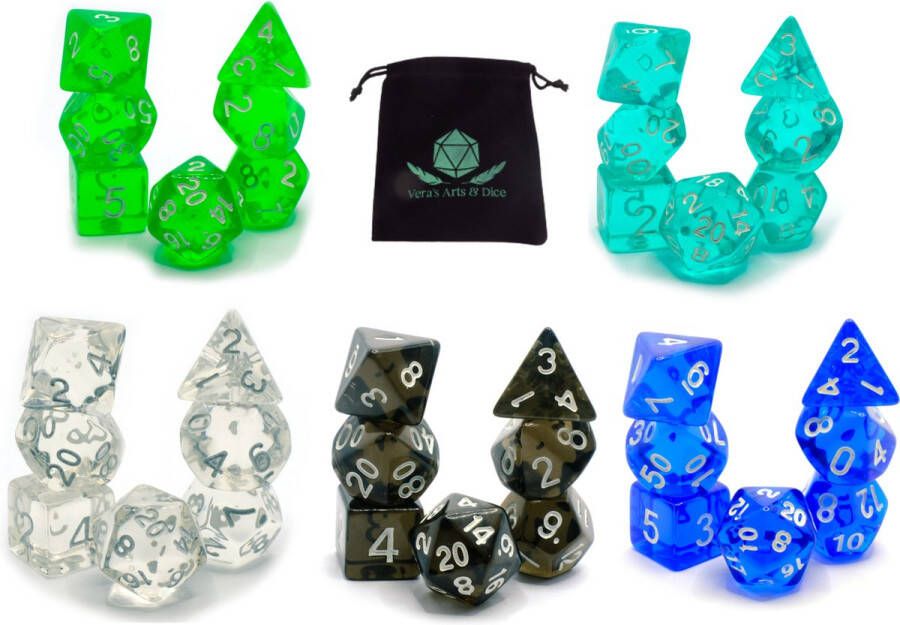 Vera's Arts & Dice Crystal Collection Package Dobbelstenen Sets 5 Dice Sets D&D en RPGs Plus Dice Bag