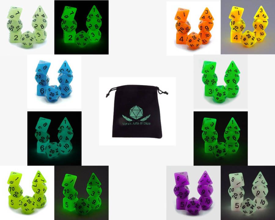 Vera's Arts & Dice Glow in the Dark Package Dobbelstenen Sets 6 Dice Sets D&D en RPGs Plus Dice Bag