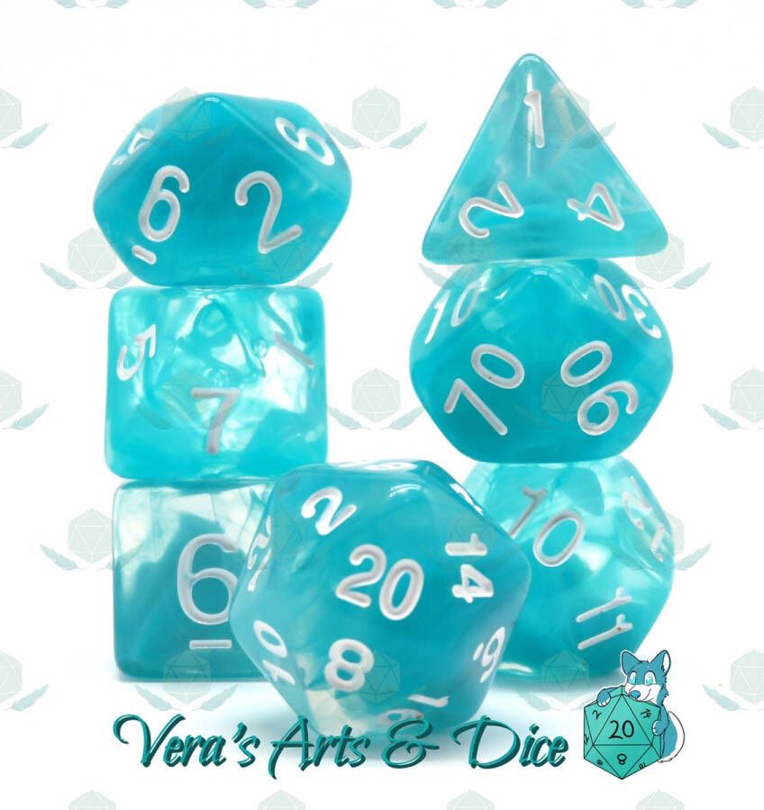 Vera's Arts & Dice Lake Waves Polyset Dice Dobbelstenen Set Van 7 Stuks Transparant met Blauwe en Witte Wolkjes en Witte Cijfers Polydice D&D Rollenspellen Plastic Dobbelstenen Set Dungeons and Dragons Polyhedral Dice Set Zwarte Velvet Dice Bag