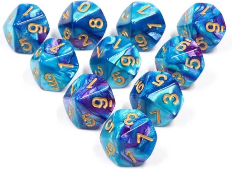 Vera's Arts & Dice Mage 10D10 Dice Dobbelstenen Set Van 10 Stuks Parelmoer Blauw Paars met Gouden Cijfers Polydice D&D en Rollenspellen Plastic Dobbelstenen Set voor Dungeons and Dragons Polyhedral Dice Set Zwarte Velvet Dice Bag voor Ongeveer 3 Sets