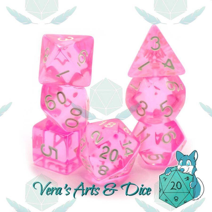 Vera's Arts & Dice Polyset Dice Dobbelstenen Set Van 7 Stuks Roze Wit Doorzichtig Transparant| Voor D&D en Andere Rollenspellen Plastic Dobbelstenen Set voor Dungeons and Dragons Polyhedral Dice Set Met Mooie Zwarte Velvet Dice Bag voor Ongeveer 3 Sets