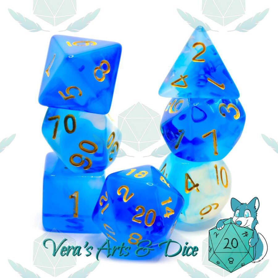 Vera's Arts & Dice Polyset Dice Polydice Blauw Wit Glitters Transparant en Goud Dobbelstenen Set Van 7 Stuks| Voor D&D en Andere Rollenspellen Plastic Dobbelstenen Set voor Dungeons and Dragons Polyhedral Dice Set DnD D&D Dungeons and Dragons Dice Bag