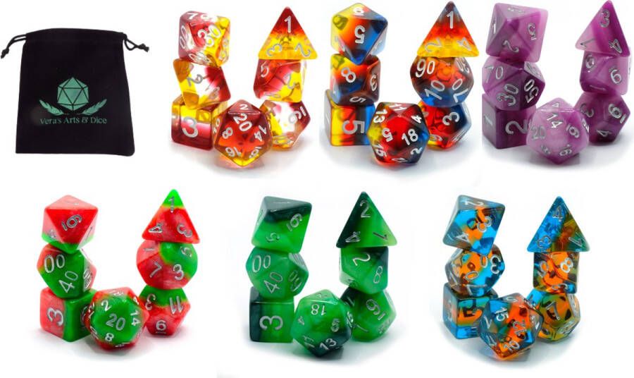 Vera's Arts & Dice Rainbow Transformation Package Dobbelstenen Sets 6 Dice Sets D&D en RPGs Plus Dice Bag