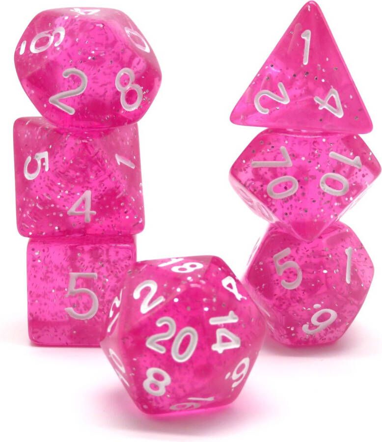 Vera's Arts & Dice Starry Pink Roses Polyset Dice Dobbelstenen Set Van 7 Stuks Transparant Roze met Glitters en Witte Cijfers Polydice D&D en Rollenspellen Plastic Dobbelstenen Set voor Dungeons and Dragons Polyhedral Dice Set Zwarte Velvet Dice Bag