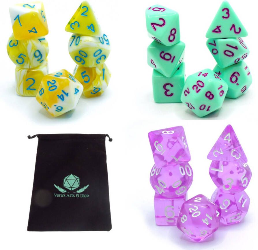 Vera's Arts & Dice Starters Package Dobbelstenen Sets 3 Dice Sets D&D en RPGs Plus Dice Bag