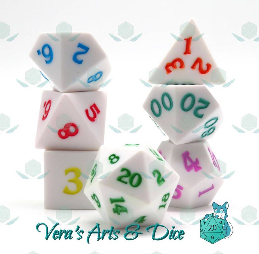 Vera's Arts & Dice White Rainbow Polyset Dice Dobbelstenen Set Van 7 Stuks Wit met Verschillende Kleuren Cijfers Polydice D&D en Rollenspellen Plastic Dobbelstenen Set voor Dungeons and Dragons Polyhedral Dice Set Zwarte Velvet Dice Bag