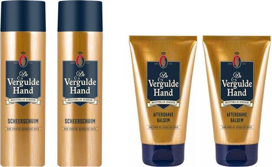 Vergulde Hand 2x Aftershave Balsem-100ml en 2x scheerschuim 250ml
