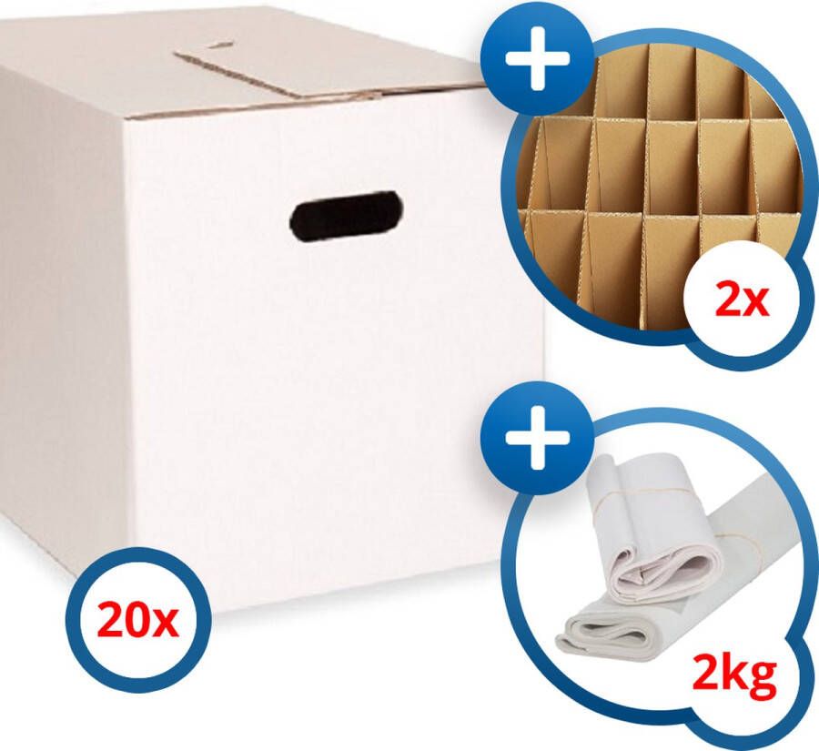 Verhuisboxen 20x KlikKlak premium verhuisdoos + 2kg papier + 2 vakverdeling 48x32x33