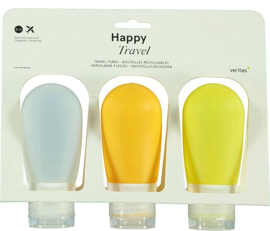 Veritas Set van 3 hervulbare reisflesjes 80ml Siliconen Reisflacons Travel tubes Geel Oranje Wit