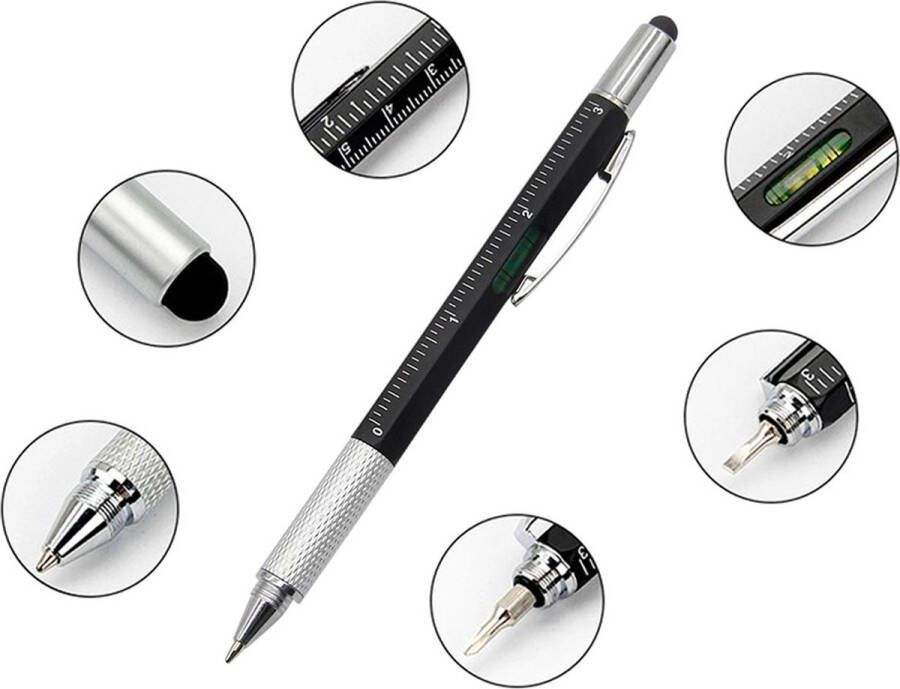 VERK GROUP 6 in 1 Multitool Pen Handy Pen Toolpen Liniaal Waterpas Kruiskop en Plattekop Schroevendraaier Zwart