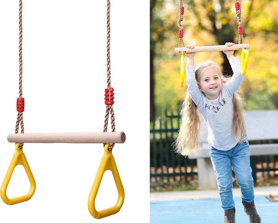 VERK GROUP Houten schommelstoel met plastic ringen multifunctionele houten trapeze voor kinderen Gymnastiek Sport Voor maximaal gewicht 190 kg (geel)