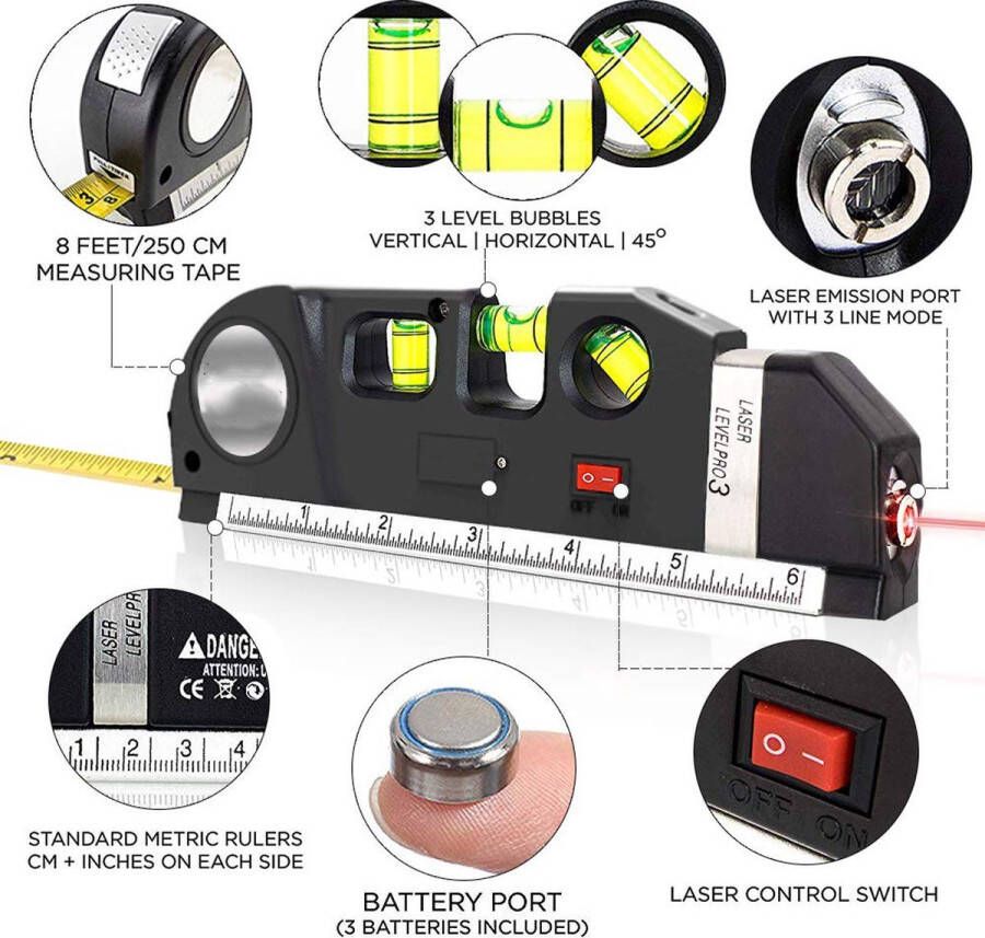 VERK GROUP Laserwaterpas- liniaal 250cm- inclusief batterijen- Klussen Horizontaal en verticaal- Rolmaat- Gereedschap