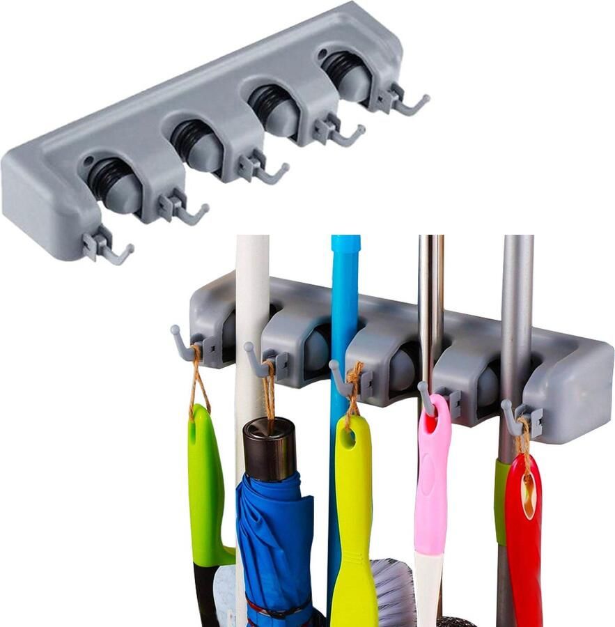 VERK GROUP Bezemhouder Bezem Ophangsysteem en Tuingereedschap Ophanghaken Wandhouder Gereedschapshouder met Ophanghaken 4 houders en 5 haken