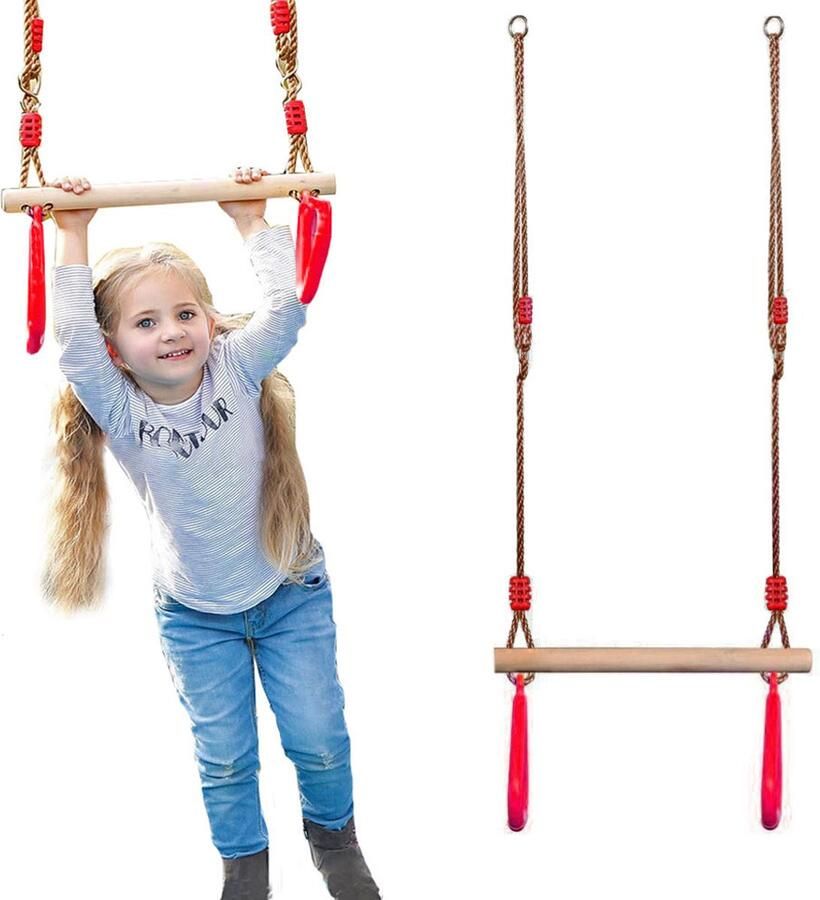 VERK GROUP Houten schommelstoel met plastic ringen multifunctionele houten trapeze voor kinderen Gymnastiek Sport Voor maximaal gewicht 190 kg (rood)