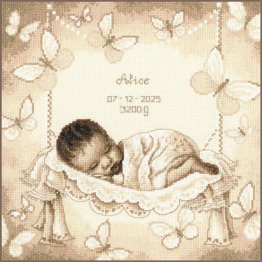Vervaco Geboortebord Baby in hangmatje met vlinders borduren (pakket) PN-0202504