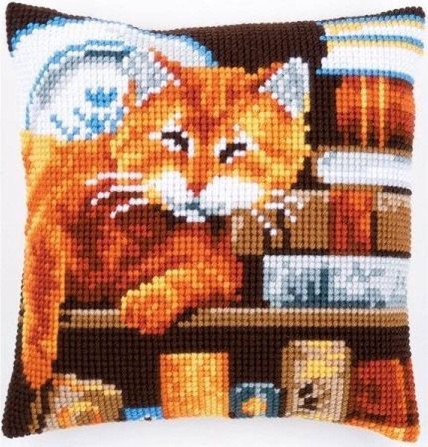 Vervaco Borduurpakket Kat tussen boeken kruissteekkussen pn-0163873 voorbedrukt