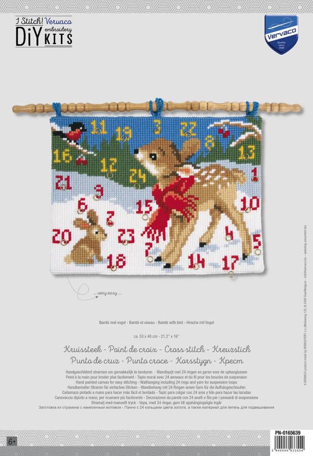 Vervaco Kruissteekwandtapijt kit met 24 gouden ringen Winterlandschap met een Bambi vogel en konijn Adventskalender PN-0165639