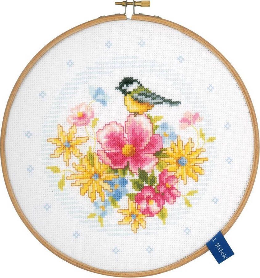 Vervaco Borduurpakket pimpelmees met bloemen met borduurring