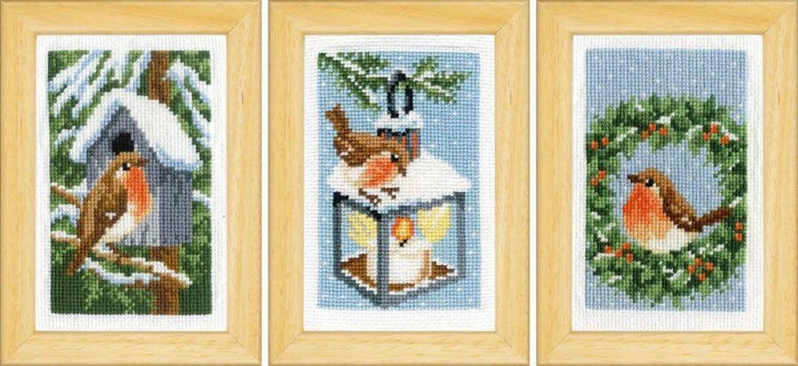 Vervaco Miniatuur kit Roodborstjes in de winter set van 3 borduren (pakket) PN-0187471