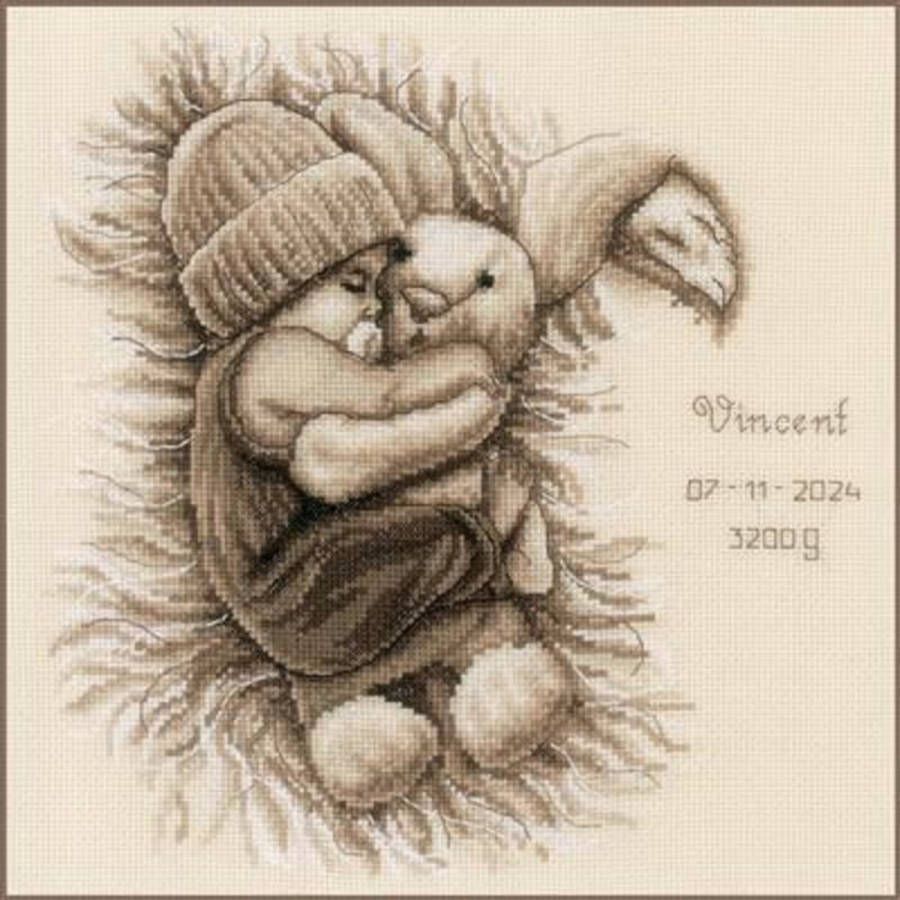 Vervaco Geboortebord Baby met knuffelkonijn borduren (pakket) PN-0202245