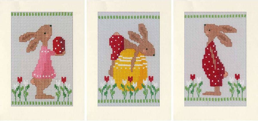 Vervaco Paaskonijnen in tulpentuin set van 3 wenskaarten borduren PN-0196171