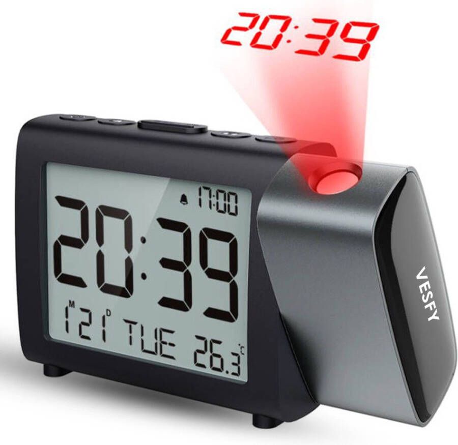 Vesfy Wekker met projectie en Thermometer Incl USB Kabel en Batterij Digitale wekker -Weerstations