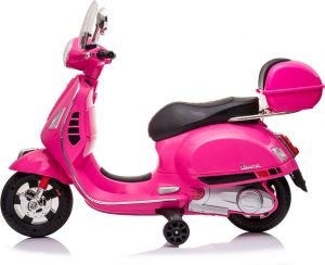 Vespa Elektrische Kinderscooter Roze 12V met Windscherm Koffer en Lederen zitting