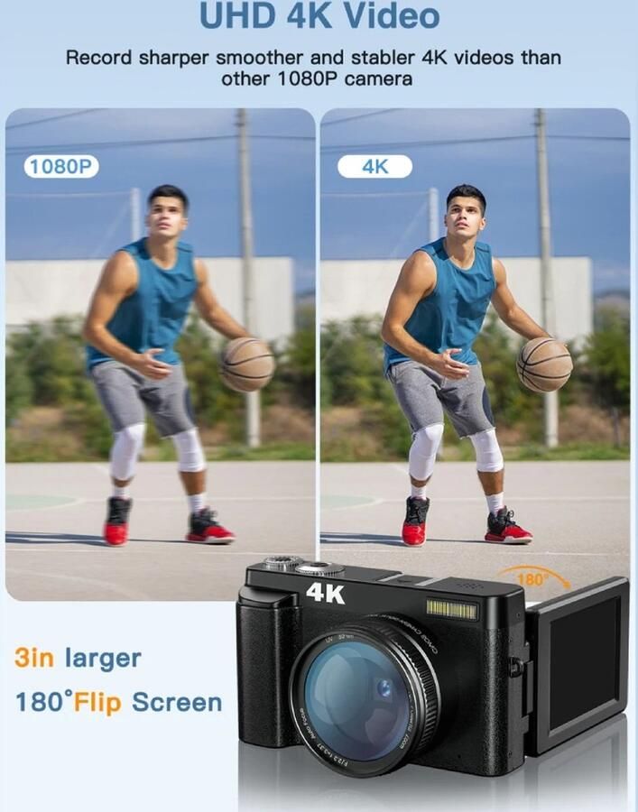 Vevo HIPP Vlog Camera Geschikt Voor Beginners Handycam Met Nachtvisie Camcorder 16x Digitale Zoom 4K Anti Shake Zwart