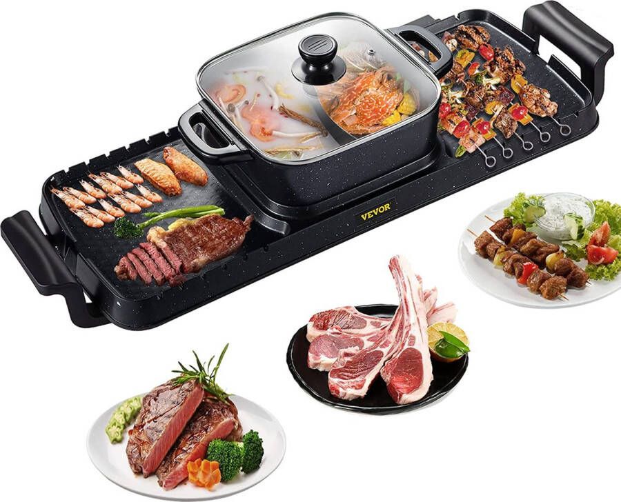 Vevor 3 in 1 Hotpot Pan Hotpot Elektrisch Elektrische BBQ Chinese Fondue Gourmetstel 2400W Zwart