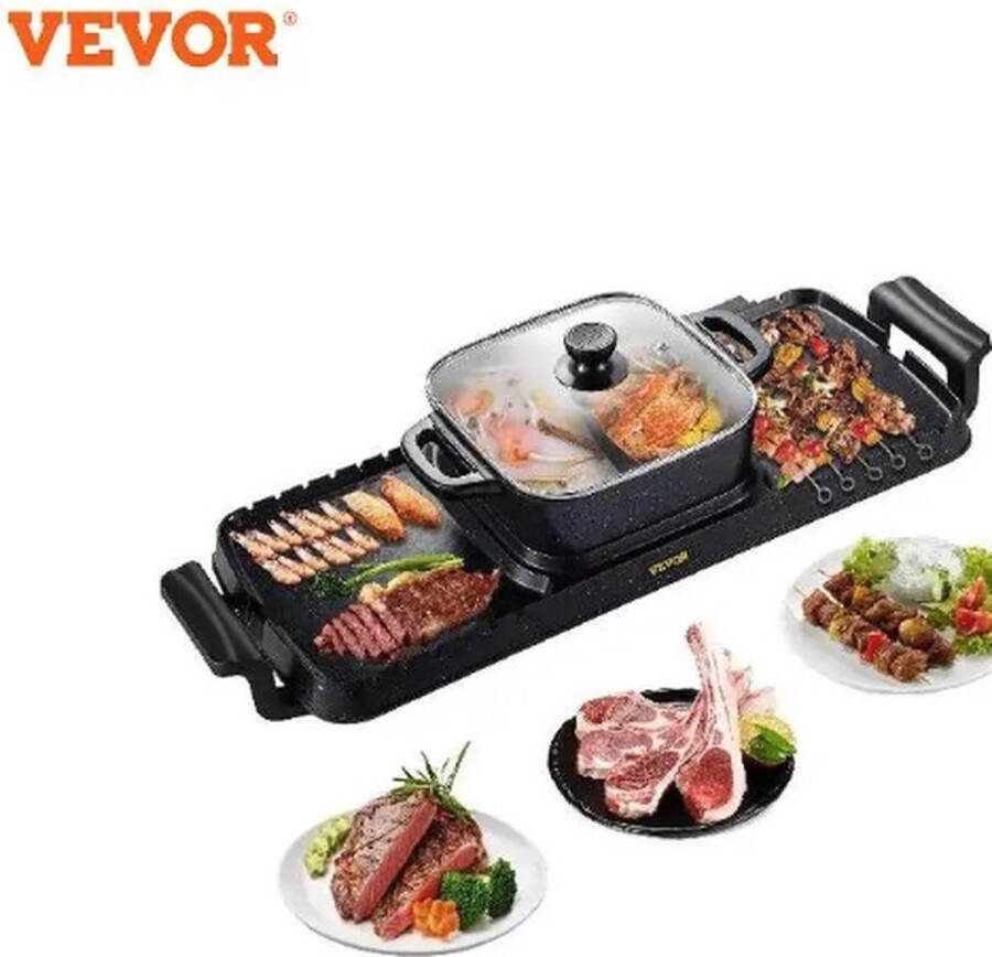 Vevor 3 in 1 Hotpot Pan Hotpot Elektrisch Elektrische BBQ Chinese Fondue Gourmetstel 2400W Zwart