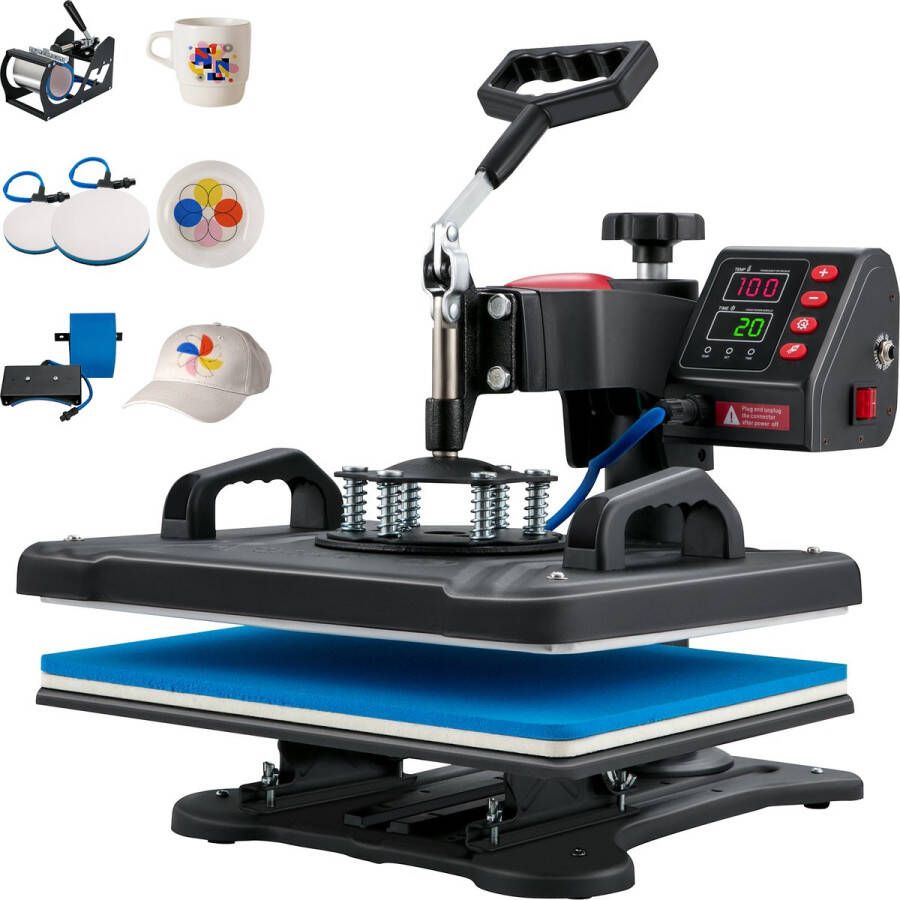 Vevor Warmte Persmachine Transferpers 5 In 1 Hittepers Met 2 x 38cm Hitteplaat Digitale Praktische Controller Duurzaam en Betrouwbaar Handvat Voor Het Aanbrengen Van Letters Cijfers En Patronen Op Petten T-Shirts Kopjes Borden Zwart