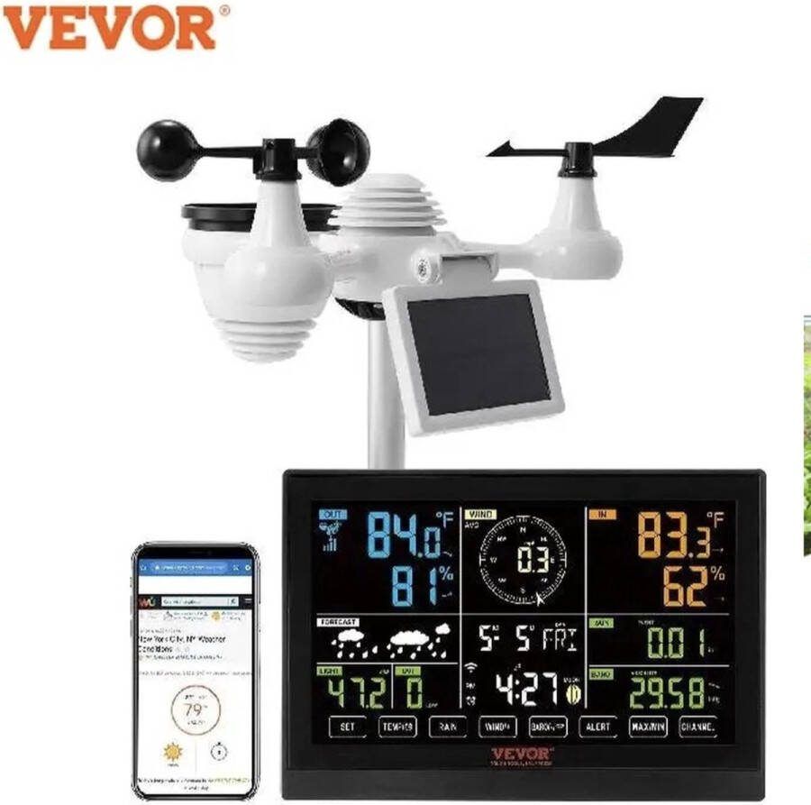 Vevor 7-In-1 Wi-Fi Weerstation 7.5 Weerstation Binnen en Buiten Professioneel Weerstation met draadloze Buitensensor In Kleurendisplay Met Zonne-Energie Draadloze Outdoor Sensor Alarm Waarschuwingen Voor Temperatuurvochtigheid