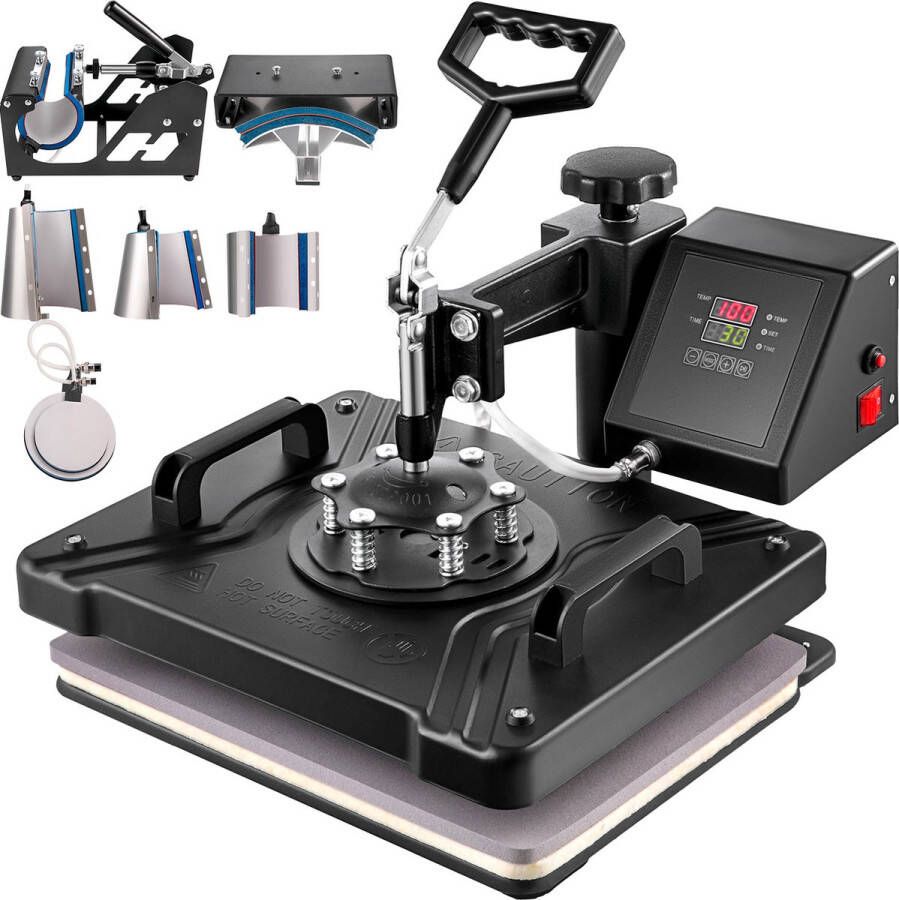 Vevor Warmte Persmachine Transferpers 8 In 1 Hittepers Met 30 x 38cm Hitteplaat Digitale Praktische Controller Duurzaam en Betrouwbaar Handvat Voor Het Aanbrengen Van Letters Cijfers En Patronen Op Petten T-Shirts Kopjes Borden Zwart