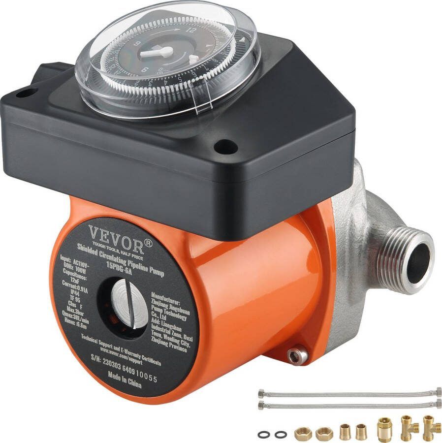 Vevor Circulatiepomp Verwarming 100W-Max Waterstroom van 38 L min-Zonder Ruis-Verwarmingspomp met Timer-DN20 Inlaat Uitlaatslang-DN15 Adapter-voor Zonneboilers-Elektrische Boilers