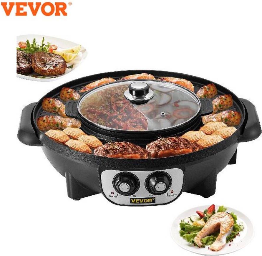 Vevor™ De Home Store Elektrische Hot Pot en BBQ 2 in 1 2200W Non-Stick Dubbele Thermostaat