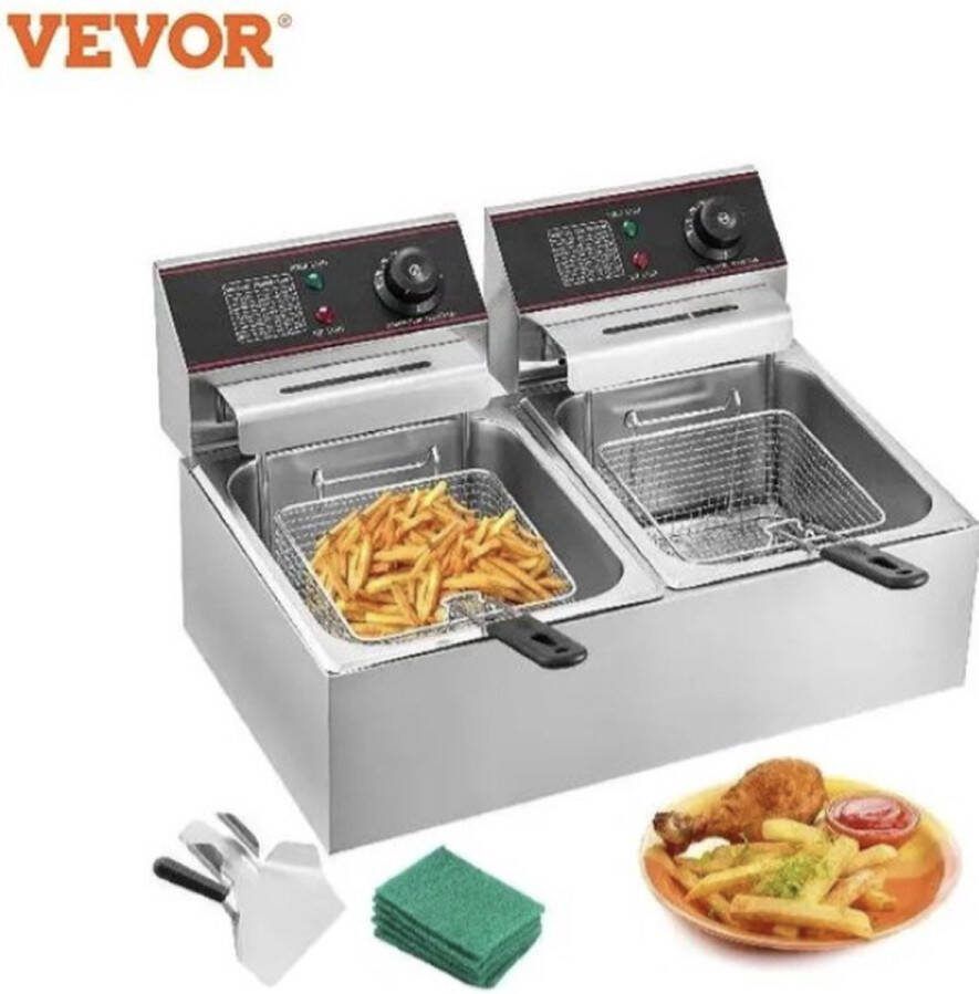 Vevor™ directly VEVOR Frituurpan Elektrische Friteuse 12L Dubbele Tanks van Roestvrij Staal-5000W-voor het bakken van chicken chips frieten karbonades