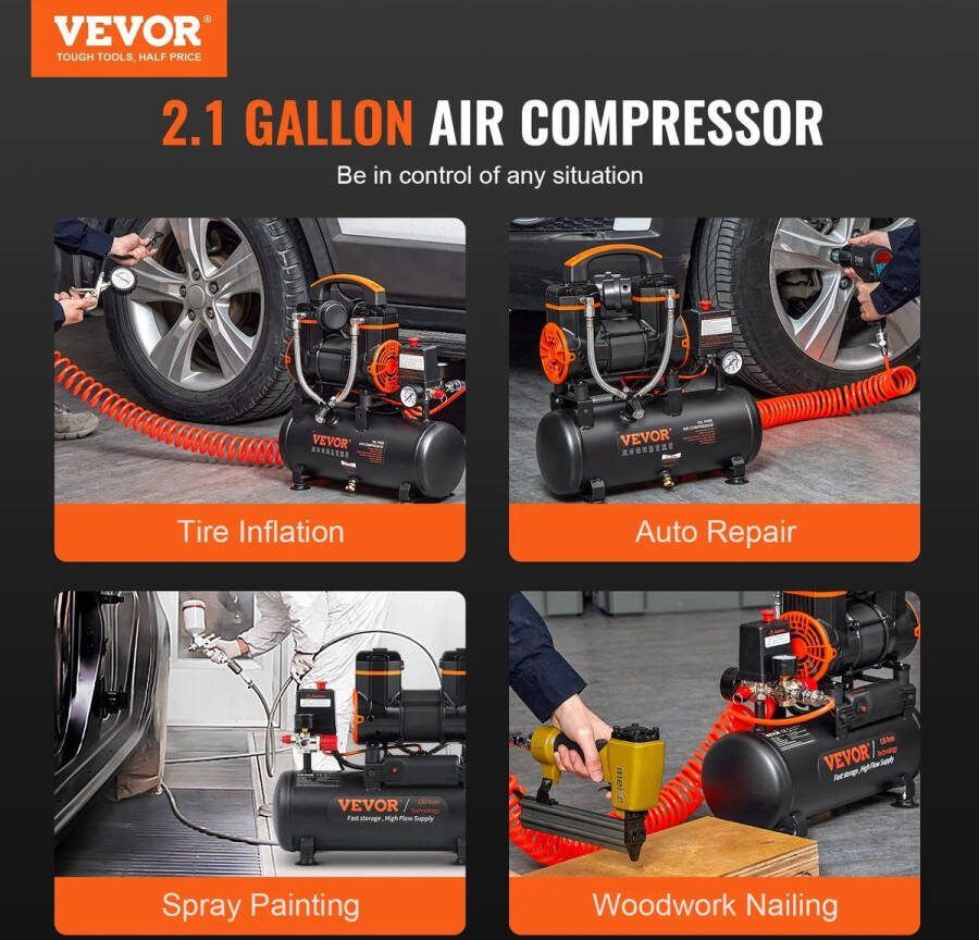 Vevor Everlife Vevor Luchtcompressor 18L 900W Draagbare Luchtpomp Air Compressor Stille Compressor