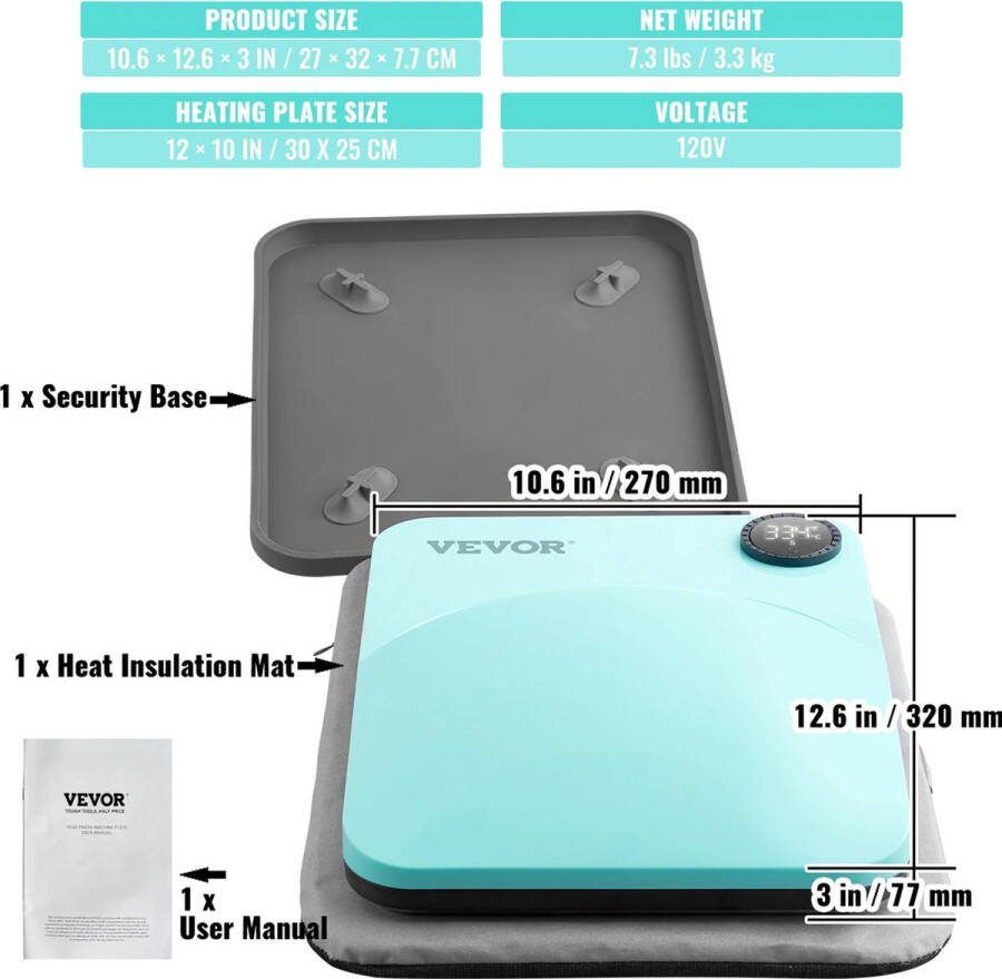 Vevor Heat Press Transferpers Draagbare Warmte Pers Machine Upgrade Model Multifunctioneel T-Shirts Tassen -Onderzetters Dekens enz. L27 x B32 x H7.7CM Groen