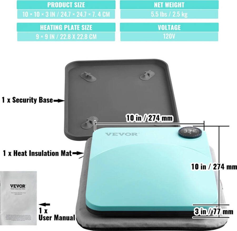 Vevor Heat Press Transferpers Draagbare Warmte Pers Machine Upgrade Model Multifunctioneel T-Shirts Tassen -Onderzetters Dekens enz. L24.7 x B24.7 x H7.4CM Groen