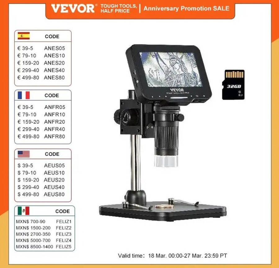 Vevor KOSMOS High Definition Video Microscoop LP043 W10 Vergroting 50X-1000X 10X-1300X 500X-1500X Camera met 2 Miljoen Pixels Focusing Range 0-50mm Schermtype 4.3in 10in