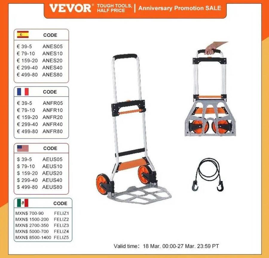 Vevor KOSMOS Steekwagen – Opvouwbaar – Draagplateau RVS Max. draagvermogen 125 kg. Telescopische Handgreep
