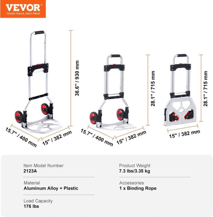 Vevor KOSMOS Steekwagen – Opvouwbaar – Draagplateau RVS Max. draagvermogen 80 kg. Telescopische Handgreep